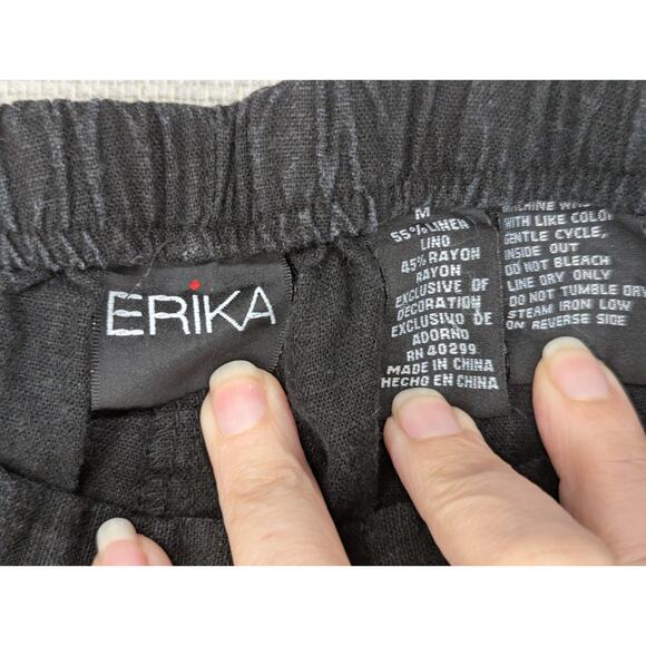 Erika Linen Capris Pants Size Medium Black Embroidered Beaded -0925F39 - Picture 2 of 7